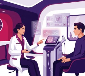 رسم توضيحي يظهر طبيب مختص يشرح خطوات تقنية التقشير بالأوزون للوجه في تركيا لمريضة في عيادة تجميل حديثة 