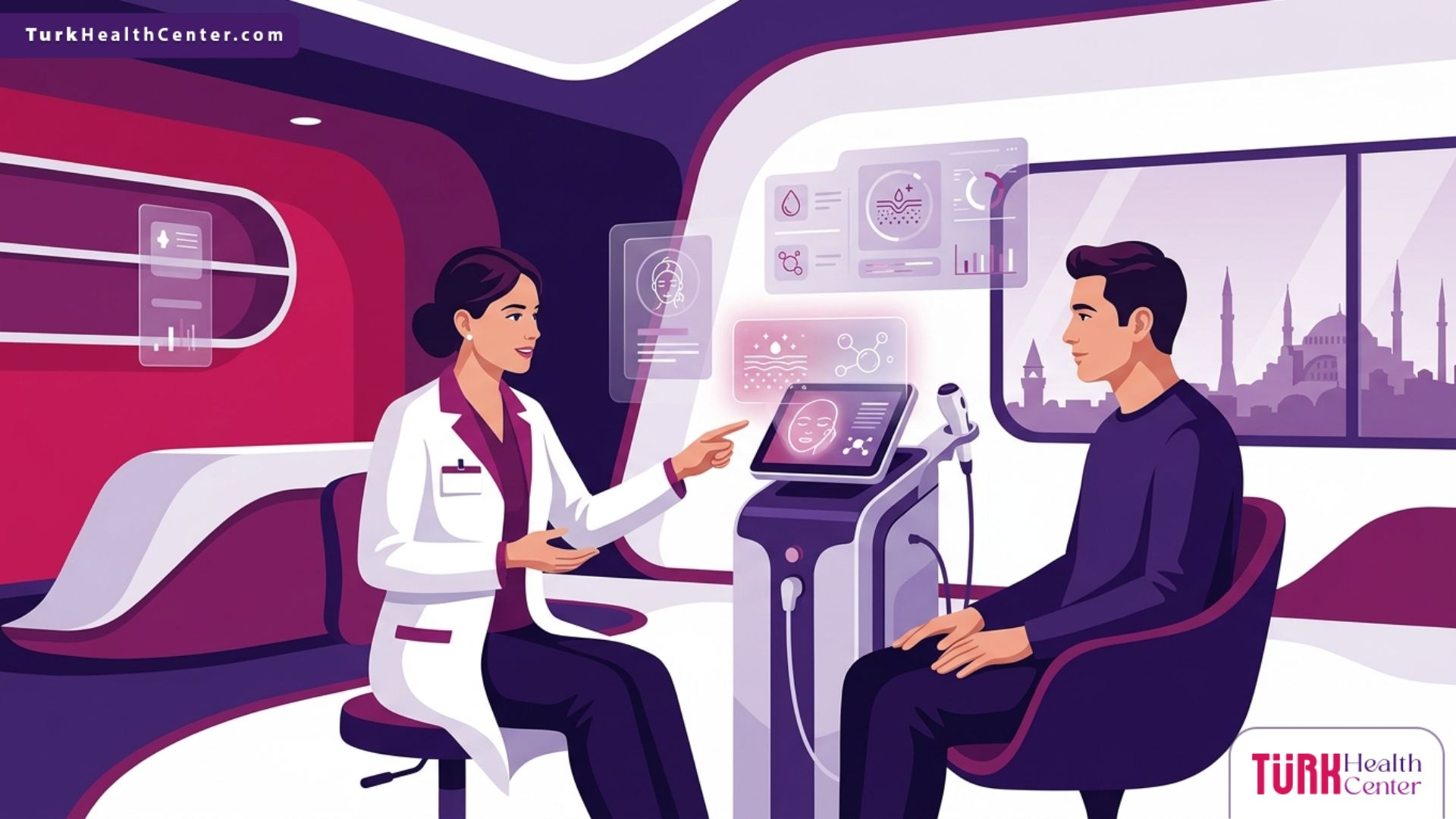 رسم توضيحي يظهر طبيب مختص يشرح خطوات تقنية التقشير بالأوزون للوجه في تركيا لمريضة في عيادة تجميل حديثة 