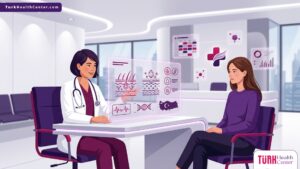 رسم توضيحي لعيادة طبية متطورة وطبيب يشرح تفاصيل تقنية التقشير بالملح في تركيا لمريضة