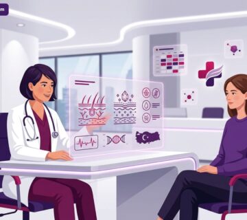 رسم توضيحي لعيادة طبية متطورة وطبيب يشرح تفاصيل تقنية التقشير بالملح في تركيا لمريضة