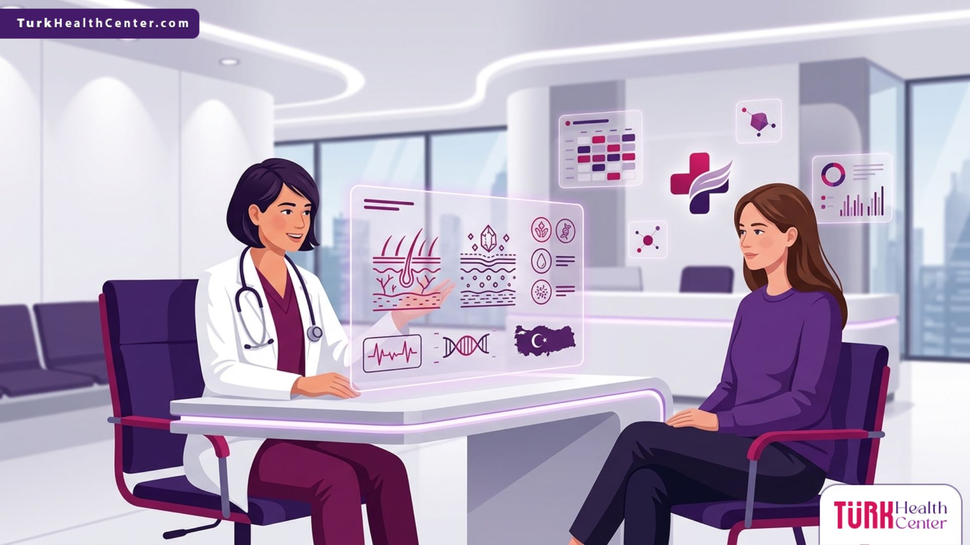 رسم توضيحي لعيادة طبية متطورة وطبيب يشرح تفاصيل تقنية التقشير بالملح في تركيا لمريضة