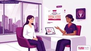 رسم توضيحي يظهر طبيب يشرح تقنية التقشير بالموجات فوق الصوتية في تركيا لمريض داخل عيادة تجميل حديثة