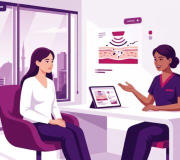 رسم توضيحي يظهر طبيب يشرح تقنية التقشير بالموجات فوق الصوتية في تركيا لمريض داخل عيادة تجميل حديثة