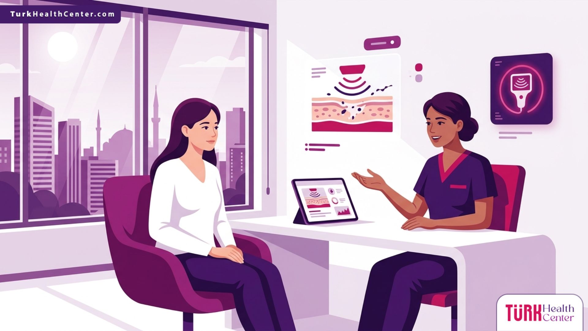 رسم توضيحي يظهر طبيب يشرح تقنية التقشير بالموجات فوق الصوتية في تركيا لمريض داخل عيادة تجميل حديثة