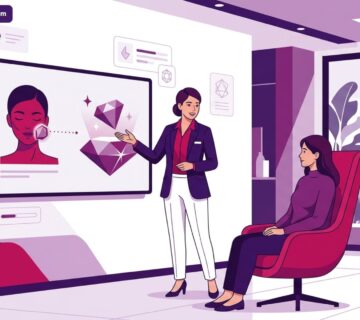 رسم توضيحي طبي متقدم يظهر طبيباً يشرح تفاصيل تقنية التقشير ببلورات الياقوت في تركيا للمريض في عيادة تجميل فاخرة 