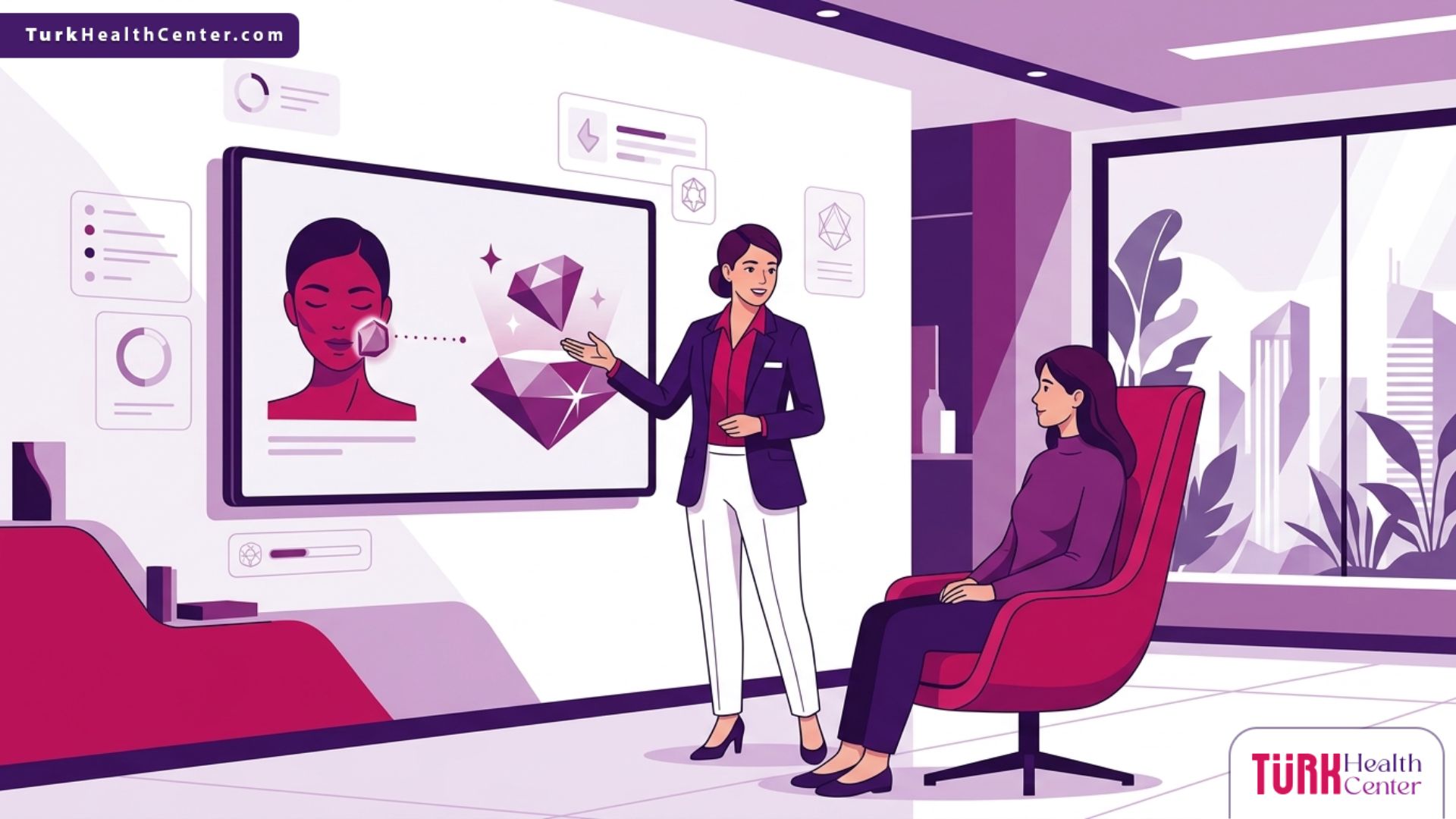 رسم توضيحي طبي متقدم يظهر طبيباً يشرح تفاصيل تقنية التقشير ببلورات الياقوت في تركيا للمريض في عيادة تجميل فاخرة 