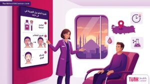 رسم توضيحي لعيادة طبية فاخرة يشرح فيها الطبيب تفاصيل تقنية الجلو بيل الفورية في تركيا للمريضة