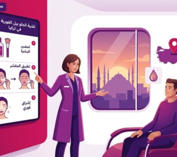 رسم توضيحي لعيادة طبية فاخرة يشرح فيها الطبيب تفاصيل تقنية الجلو بيل الفورية في تركيا للمريضة