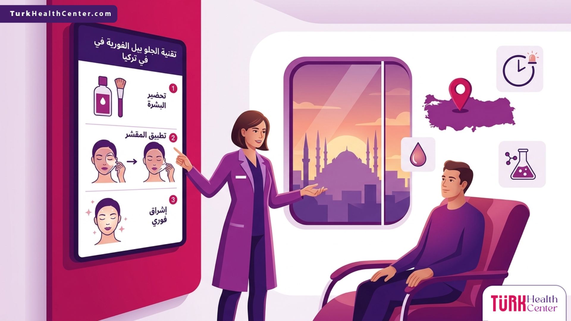 رسم توضيحي لعيادة طبية فاخرة يشرح فيها الطبيب تفاصيل تقنية الجلو بيل الفورية في تركيا للمريضة