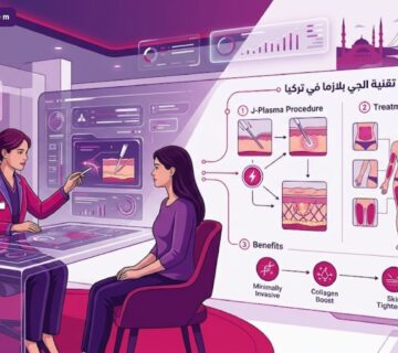 رسوم توضيحية فاخرة لعيادة طبية حديثة تشرح فوائد تقنية الجي بلازما في تركيا لشد الجلد 