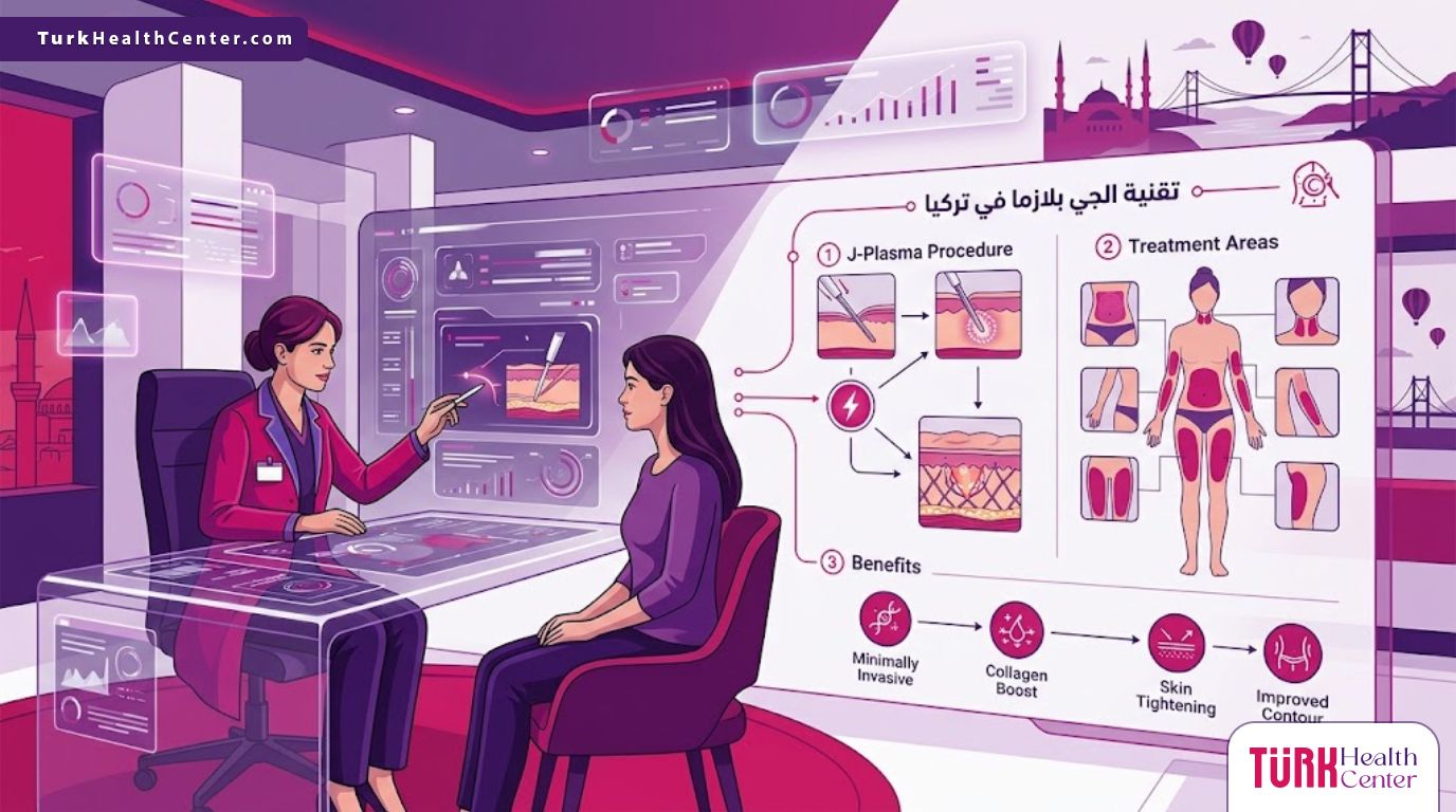 رسوم توضيحية فاخرة لعيادة طبية حديثة تشرح فوائد تقنية الجي بلازما في تركيا لشد الجلد 