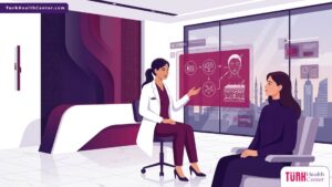 طبيب يشرح خطوات وتفاصيل تقنية الخلايا الجذعية الذاتية للوجه في تركيا للمريض داخل عيادة تجميل حديثة 