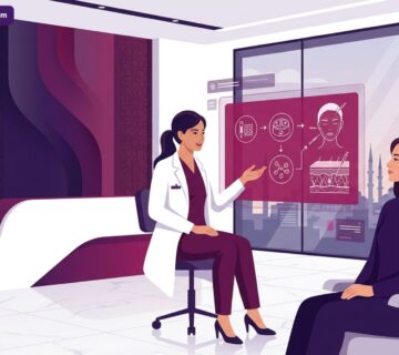 طبيب يشرح خطوات وتفاصيل تقنية الخلايا الجذعية الذاتية للوجه في تركيا للمريض داخل عيادة تجميل حديثة 