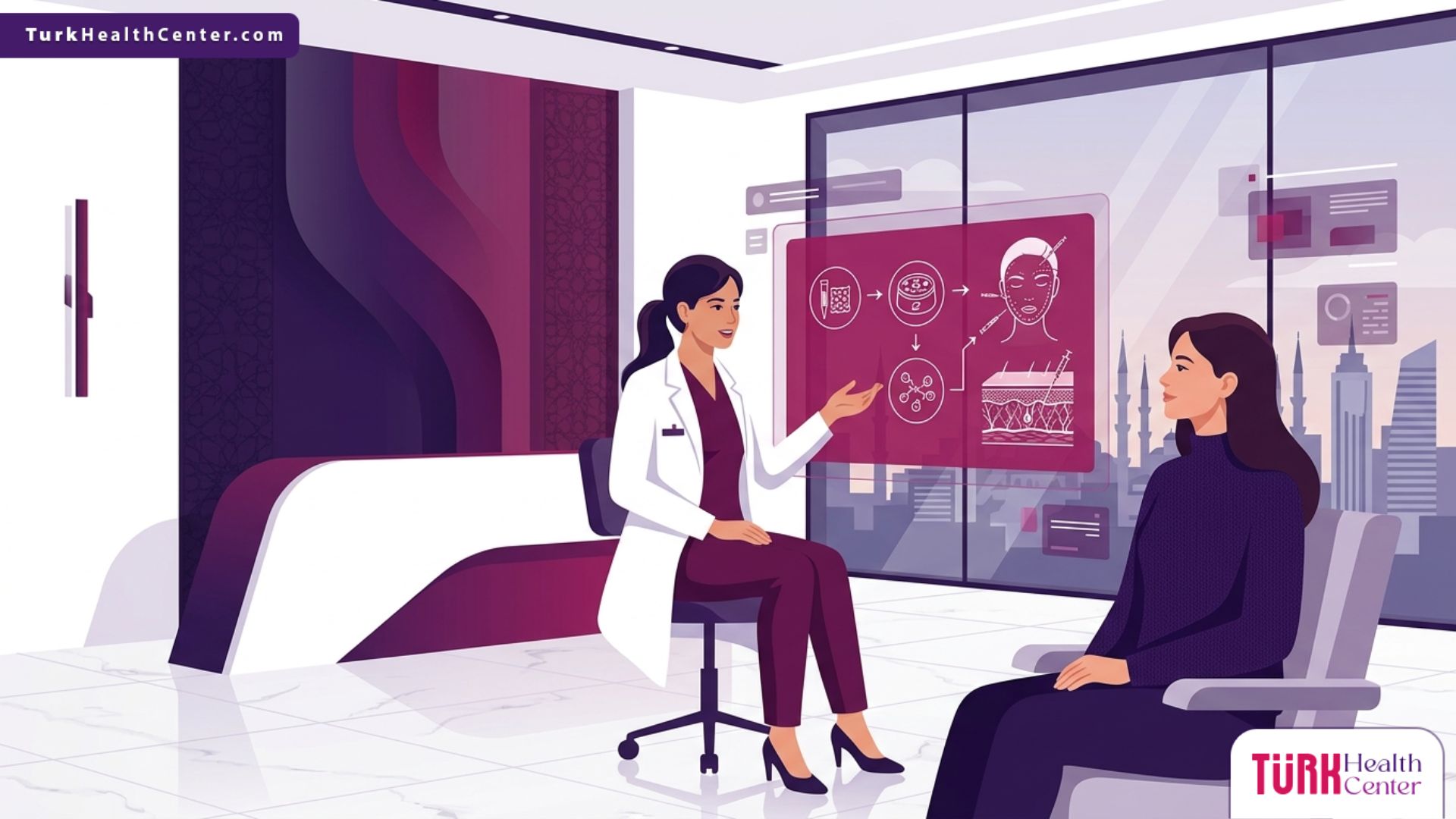 طبيب يشرح خطوات وتفاصيل تقنية الخلايا الجذعية الذاتية للوجه في تركيا للمريض داخل عيادة تجميل حديثة 