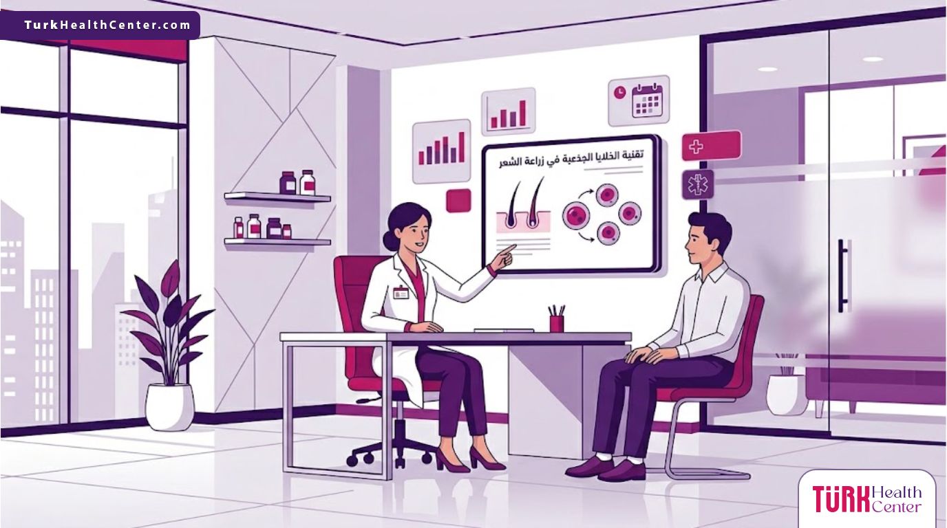 رسوم توضيحية لعيادة طبية حديثة تشرح تقنية الخلايا الجزعية في زراعة الشعر للمرضى 