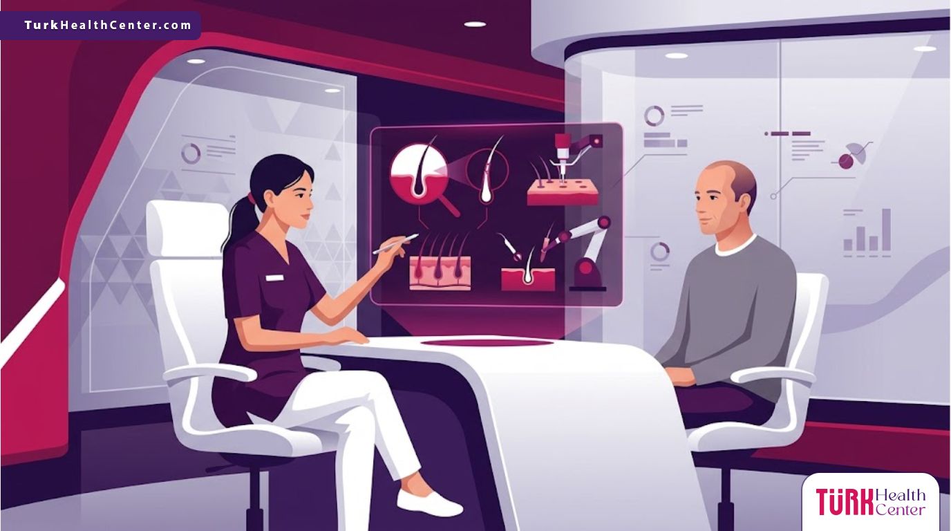 رسومات توضيحية لعيادة طبية حديثة تشرح تقنية الروبوت في زراعة الشعر مع طبيب مختص 