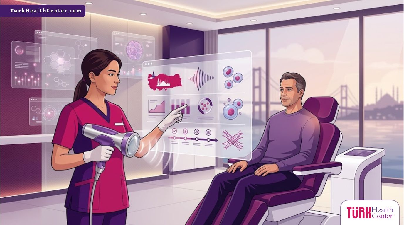 رسوم توضيحية طبية حديثة تشرح آلية عمل تقنية السوفت ويف في تركيا داخل عيادة متطورة 