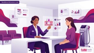 طبيب يشرح تفاصيل تقنية الضوء النبضي المكثف في تركيا لمريضة داخل عيادة تجميل حديثة 