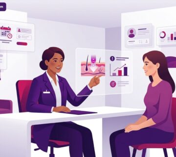 طبيب يشرح تفاصيل تقنية الضوء النبضي المكثف في تركيا لمريضة داخل عيادة تجميل حديثة 