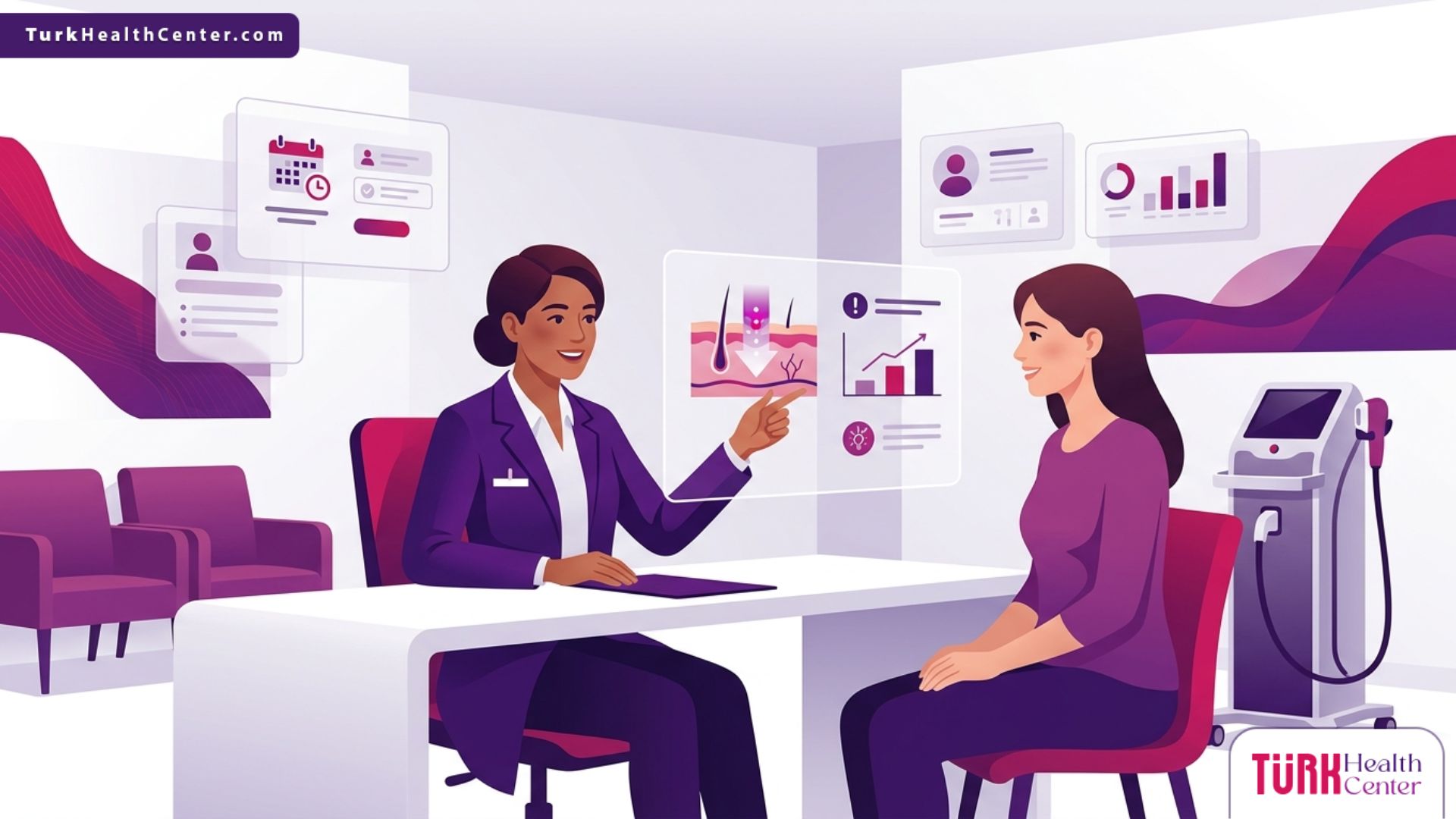 طبيب يشرح تفاصيل تقنية الضوء النبضي المكثف في تركيا لمريضة داخل عيادة تجميل حديثة 