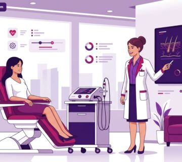 رسم توضيحي يظهر طبيب يشرح تفاصيل تقنية الفيفاتشي في تركيا لمريضة داخل عيادة تجميل حديثة 