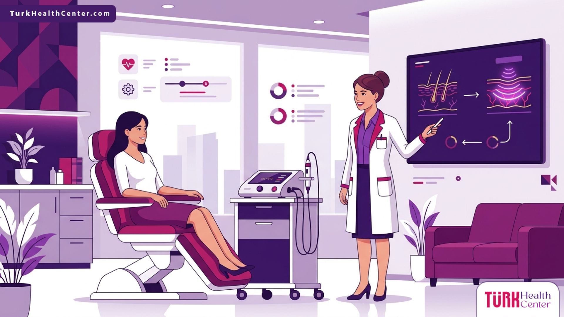 رسم توضيحي يظهر طبيب يشرح تفاصيل تقنية الفيفاتشي في تركيا لمريضة داخل عيادة تجميل حديثة 