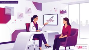 رسم توضيحي طبي متقدم يظهر طبيباً يشرح تقنية الميكرو ديرمابريشن الطبية في تركيا لمريض داخل عيادة حديثة 