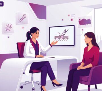 رسم توضيحي طبي متقدم يظهر طبيباً يشرح تقنية الميكرو ديرمابريشن الطبية في تركيا لمريض داخل عيادة حديثة 