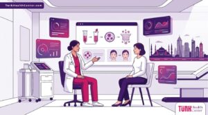 رسم توضيحي عصري يظهر طبيبًا يشرح تقنية النانو دهون في تركيا لمريض داخل عيادة فاخرة 