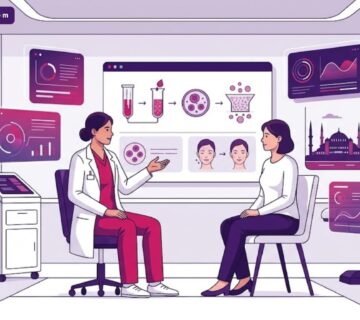 رسم توضيحي عصري يظهر طبيبًا يشرح تقنية النانو دهون في تركيا لمريض داخل عيادة فاخرة 