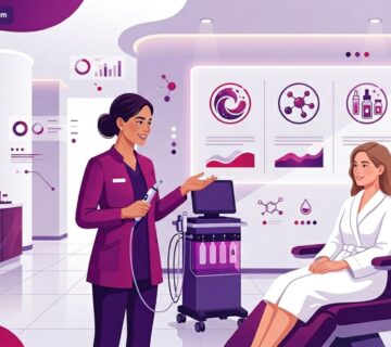 رسم توضيحي يظهر طبيب تجميل يشرح تقنية الهيدرافيشل في تركيا للمريض داخل عيادة فخمة ومجهزة بأحدث التقنيات 