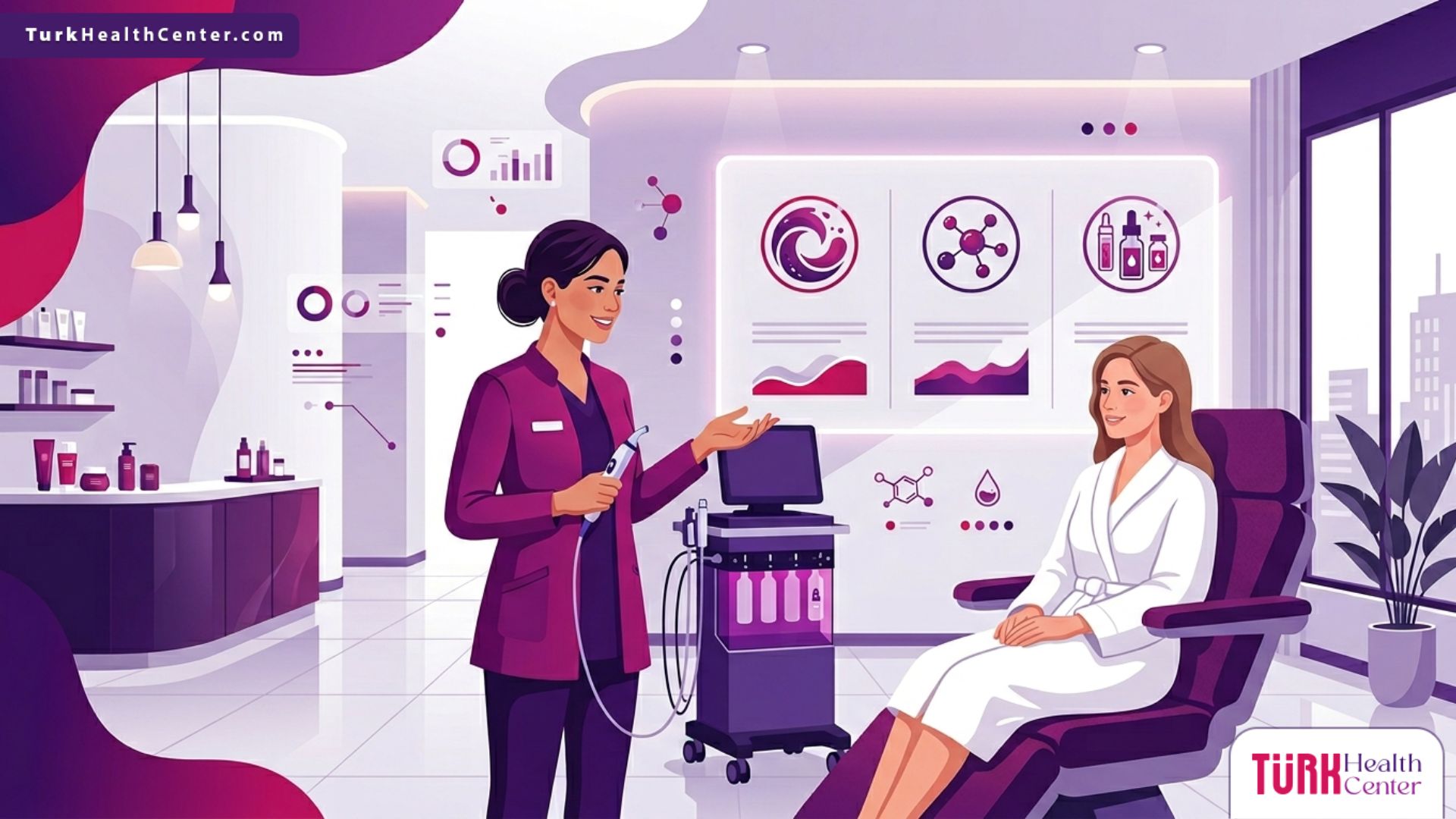 رسم توضيحي يظهر طبيب تجميل يشرح تقنية الهيدرافيشل في تركيا للمريض داخل عيادة فخمة ومجهزة بأحدث التقنيات 