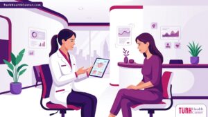 رسم توضيحي يظهر طبيباً يشرح تفاصيل تقنية تكسل الحرارية في تركيا لمريض داخل عيادة تجميل فخمة 