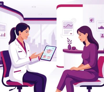 رسم توضيحي يظهر طبيباً يشرح تفاصيل تقنية تكسل الحرارية في تركيا لمريض داخل عيادة تجميل فخمة 