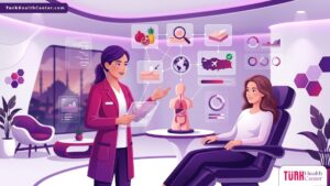 رسم توضيحي يظهر طبيب يشرح تفاصيل تقنية ديرمابن مع الكوكتيل الإسباني في تركيا للمريض في عيادة حديثة 