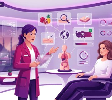 رسم توضيحي يظهر طبيب يشرح تفاصيل تقنية ديرمابن مع الكوكتيل الإسباني في تركيا للمريض في عيادة حديثة 