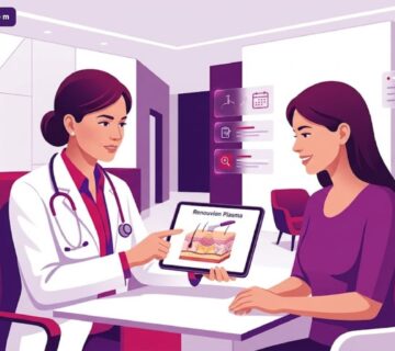 رسوم توضيحية فيكتور لعيادة تجميل حديثة تشرح فوائد تقنية رينوفيون بلازما في تركيا للمرضى 