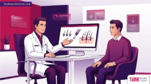 رسم توضيحي عصري لعيادة فاخرة يشرح فيها الطبيب للمريض تفاصيل تقنية زراعة الشعر DHI 