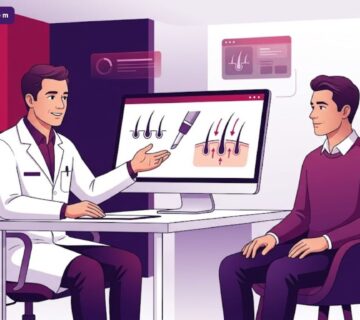 رسم توضيحي عصري لعيادة فاخرة يشرح فيها الطبيب للمريض تفاصيل تقنية زراعة الشعر DHI 