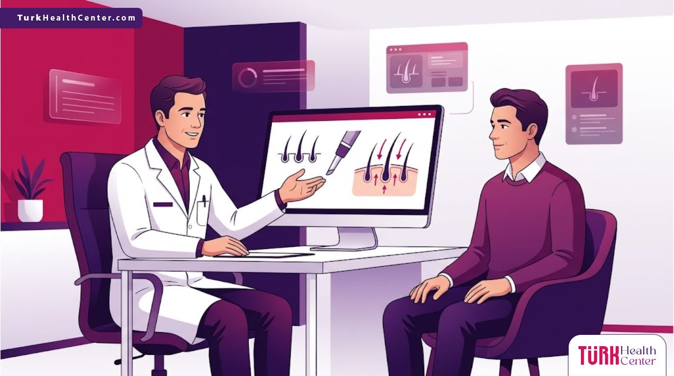 رسم توضيحي عصري لعيادة فاخرة يشرح فيها الطبيب للمريض تفاصيل تقنية زراعة الشعر DHI 