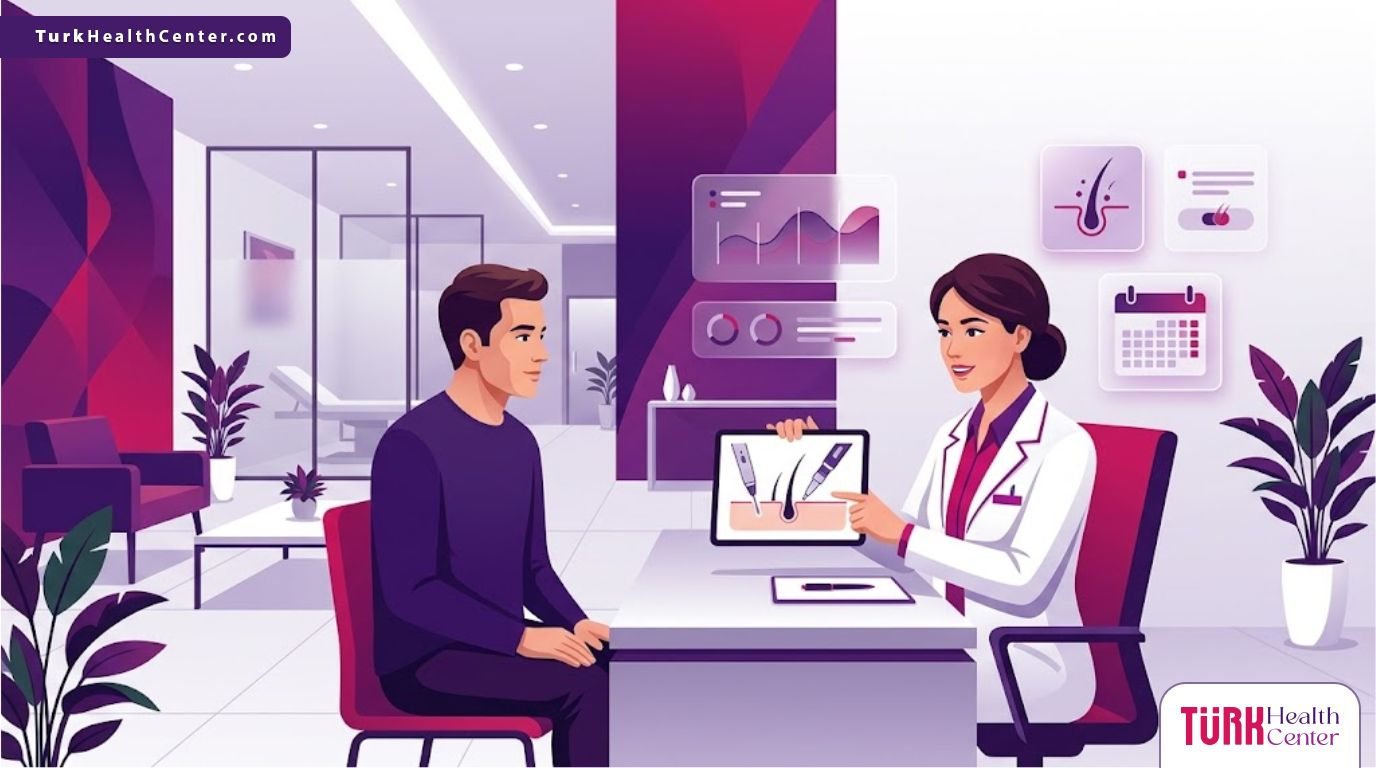 رسوم توضيحية مسطحة لعيادة طبية حديثة يشرح فيها الطبيب مميزات تقنية زراعة الشعر أقلام تشوي للمريض 