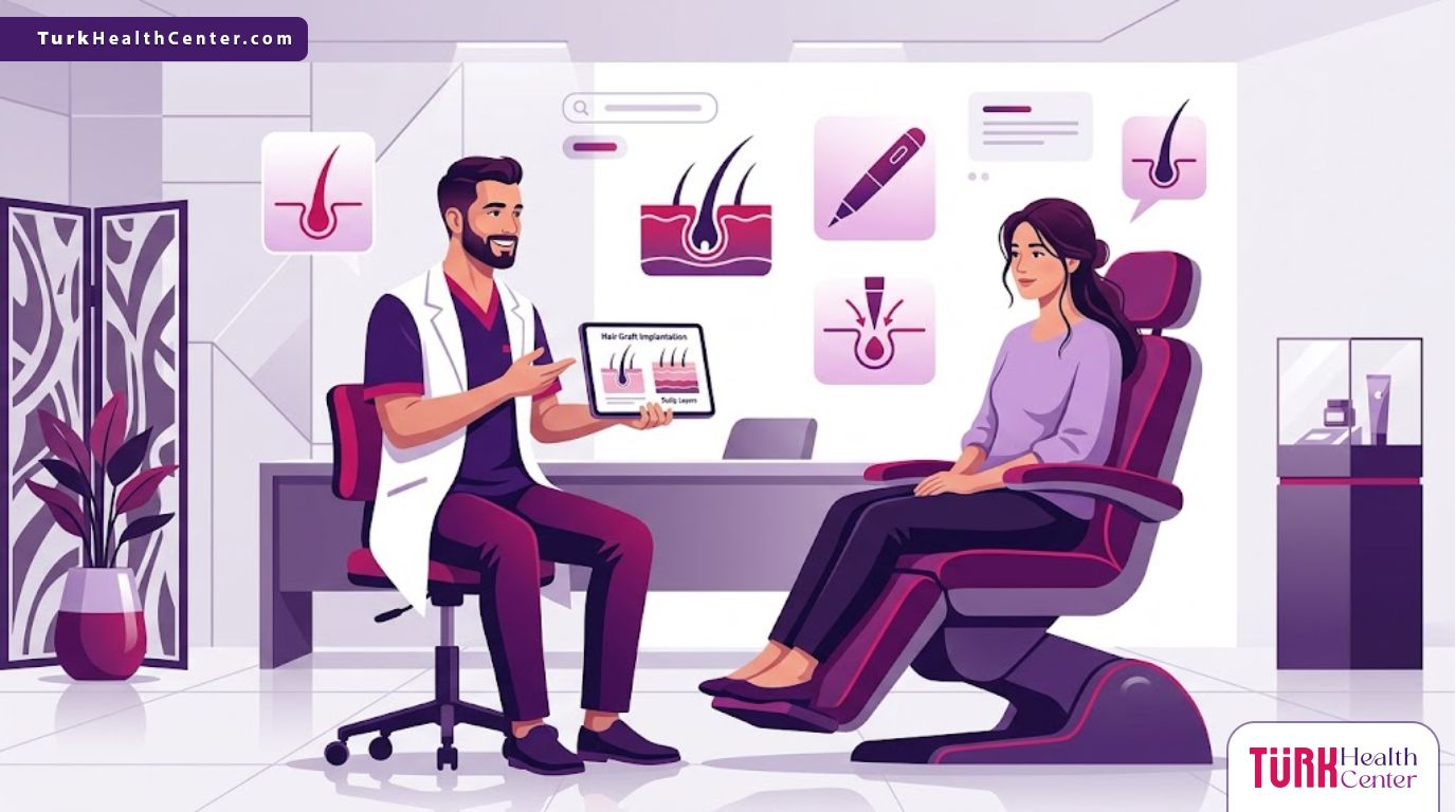 رسوم توضيحية لعيادة طبية حديثة يشرح فيها الطبيب مميزات تقنية زراعة الشعر البيركوتان للمريض 