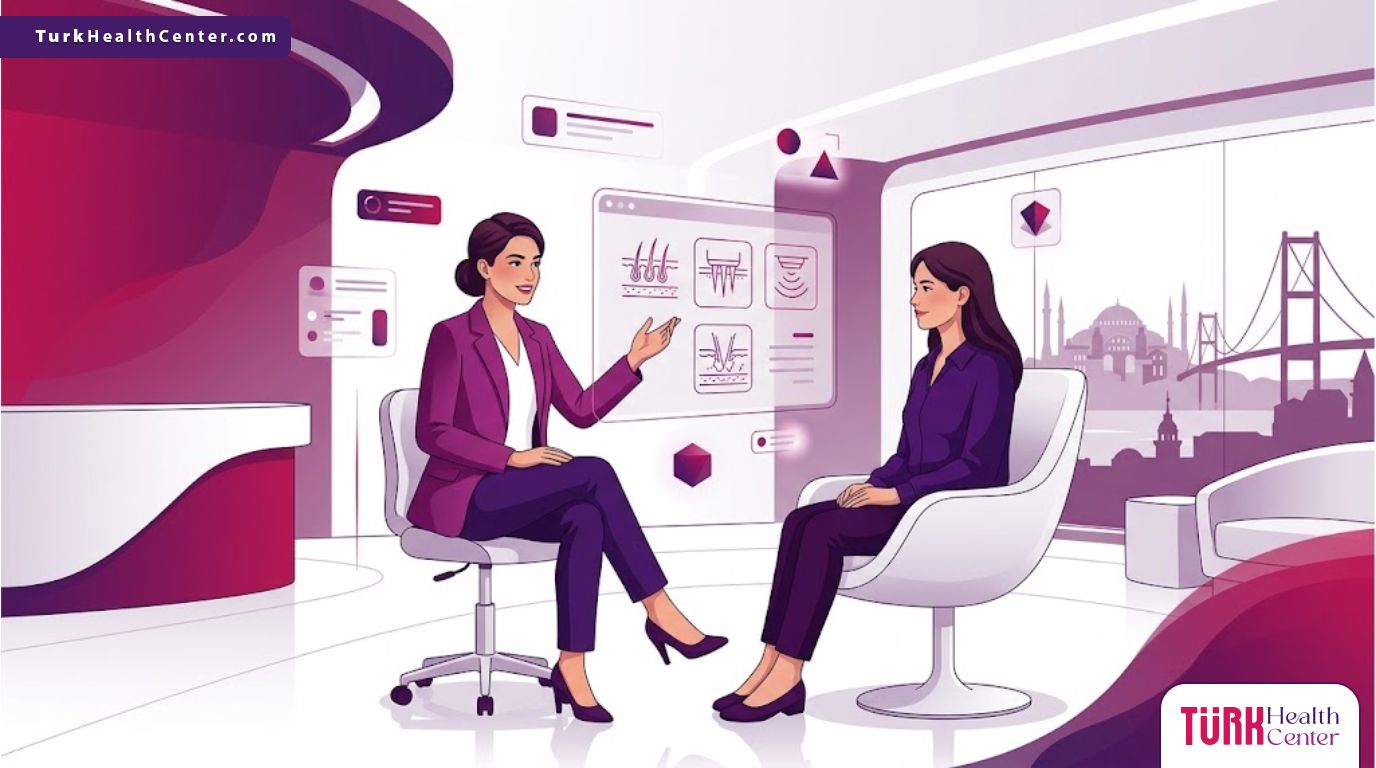 رسوم توضيحية لعيادة طبية حديثة تشرح فوائد تقنية سكارليت في تركيا للمرضى بأسلوب عصري 