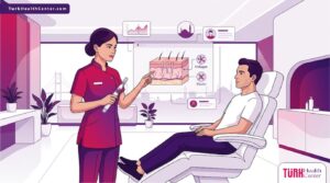 رسم توضيحي يظهر طبيب تجميل يشرح آلية عمل تقنية سكن بن في تركيا لمريض داخل عيادة فاخرة بألوان الأرجواني والبنفسجي 