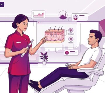 رسم توضيحي يظهر طبيب تجميل يشرح آلية عمل تقنية سكن بن في تركيا لمريض داخل عيادة فاخرة بألوان الأرجواني والبنفسجي 