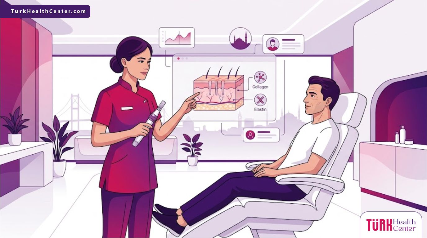 رسم توضيحي يظهر طبيب تجميل يشرح آلية عمل تقنية سكن بن في تركيا لمريض داخل عيادة فاخرة بألوان الأرجواني والبنفسجي 