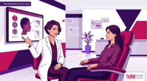 رسم توضيحي عصري يظهر طبيب يشرح تقنية فيرا شيب للوجه في تركيا للمريض داخل عيادة فاخرة 