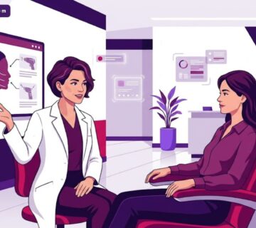 رسم توضيحي عصري يظهر طبيب يشرح تقنية فيرا شيب للوجه في تركيا للمريض داخل عيادة فاخرة 