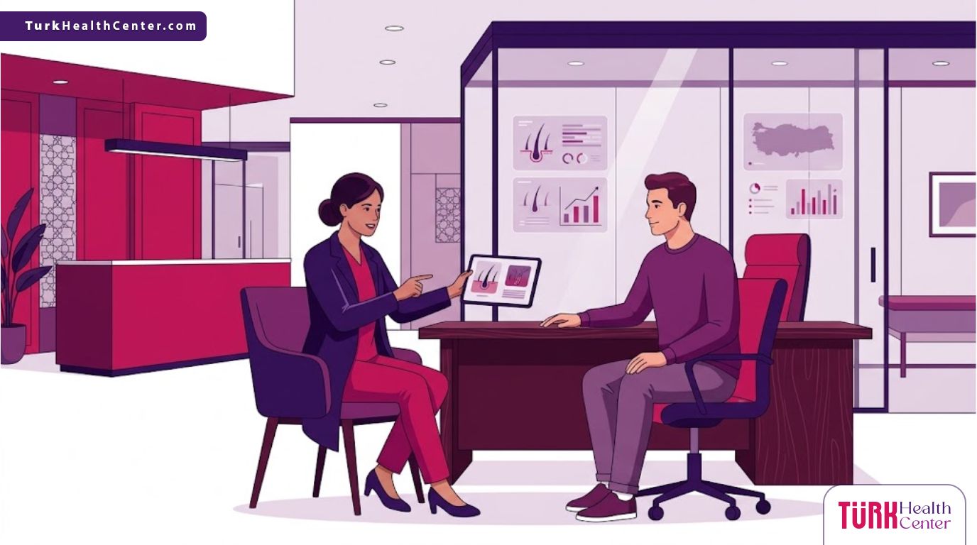 رسوم توضيحية عصرية تظهر طبيباً يشرح تفاصيل تكاليف زراعة الشعر في تركيا لمريض داخل عيادة فاخرة 