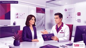 رسم توضيحي عصري لعيادة طبية فاخرة يشرح فيها الطبيب تفاصيل تكاليف عملية زراعة الشعر للمريض 